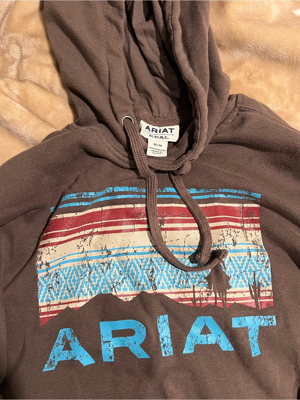 Ariat Brown Pullover Hoodie with Distressed Turquoise and Red Graphic - Picture 3 of 4